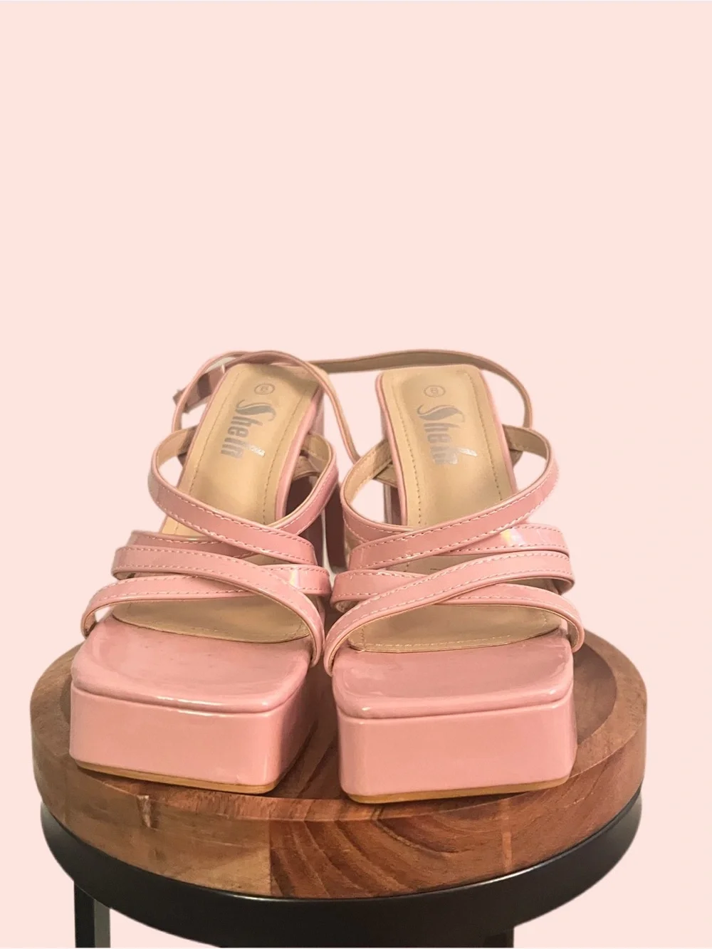 SHEIN Pink Patent Platform Block Heel Sandals